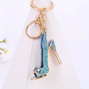 Mini High-Heeled Slingback Shoe Keyring, Bag Charm Rhinestone Decor Metal Blue
